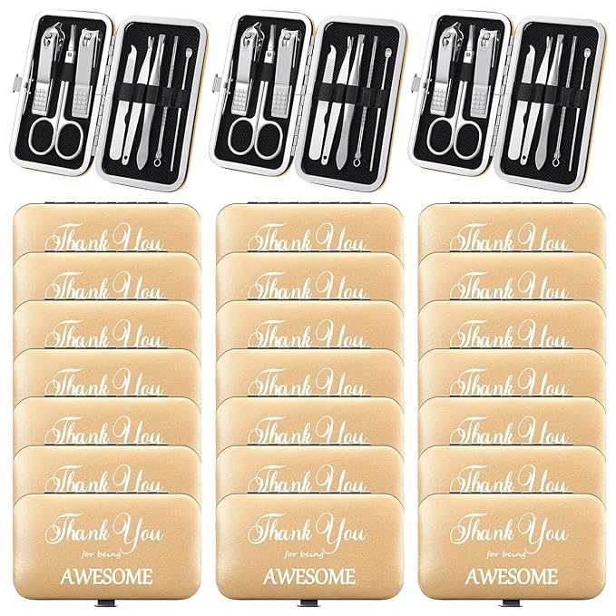 Therwen 24 Sets Manicure Set Nail Clippers 8 in 1 Stainless Steel Grooming Nail Kit Thank You Appreciation Gift Professional Pedicure Tool for Men Women Personal Care(Gold)