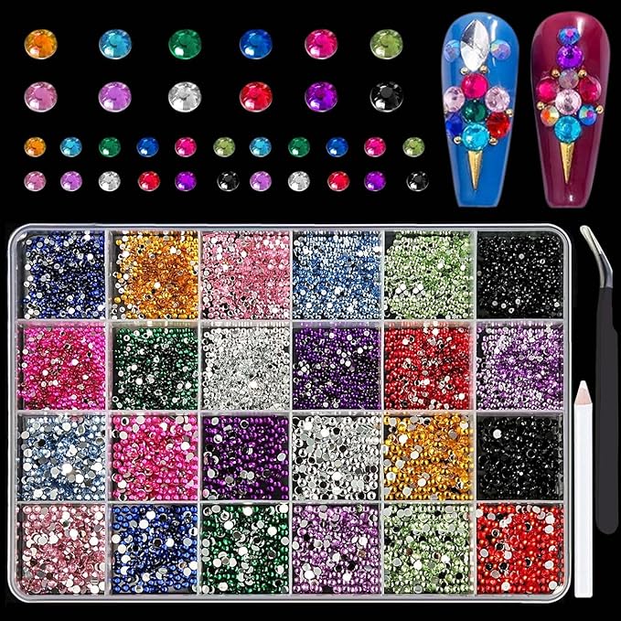 24Grid Nail Art Rhinestone Flatback Gems Crystals Diamond for Nail Decoration Round Rhinestones Kit with Pickup Pencil and Tweezer for DIY and Professional Nail Art