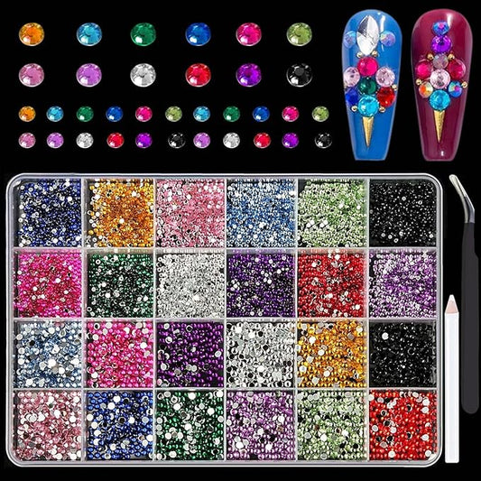 24Grid Nail Art Rhinestone Flatback Gems Crystals Diamond for Nail Decoration Round Rhinestones Kit with Pickup Pencil and Tweezer for DIY and Professional Nail Art