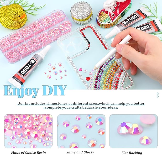 6000Pcs Resin Rhinestones for Bedazzling with 3Pcs B7000 Jewelry Glue, 1 Box Light Pink AB Flatback Rhinestones for Crafting Crafts DIY, Crystals Gems for Clothing Shoes Tumblers Nail Art Makeup