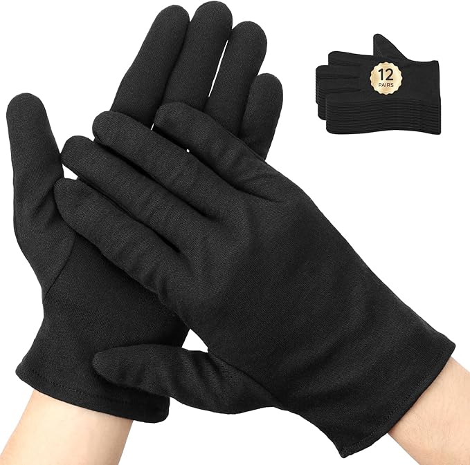 Segbeauty 24 Counts Black Cotton Gloves for Women, 12 Pairs Moisturizing Gloves for Sleeping, Work Cotton Glove for Dry Hands Overnight, Sleep Spa Reusable Lotion Glove Liners for Arts Driving Medium