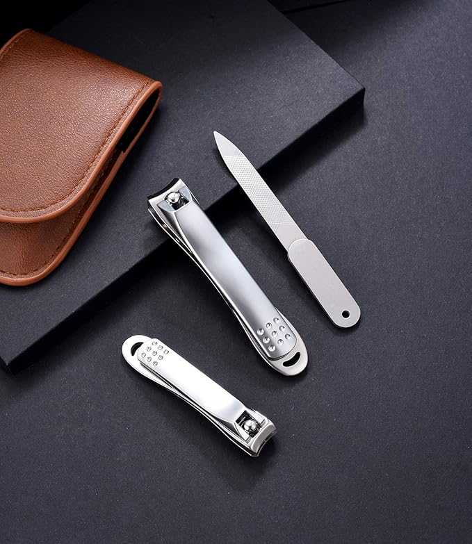 Nail Clipper Set - Stainless Steel Fingernail Clippers Toenail Curved Blades Nail Cutter and Nail File w/PU Sheath for Men Women
