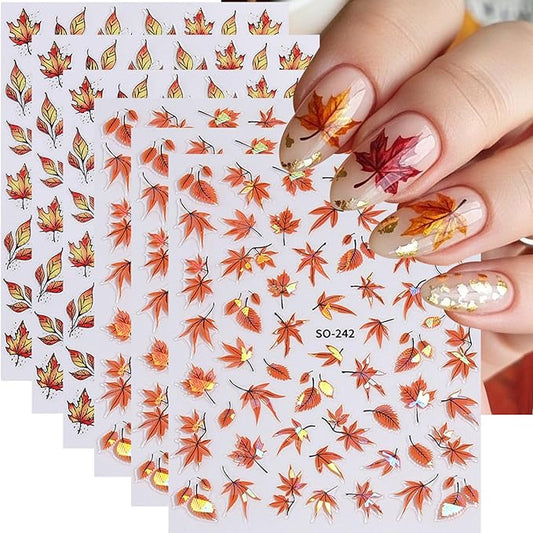 Fall Nail Stickers Laser Maple Leaf Nail Decals 6PCS Self Adhesive Pegatinas para Uñas Autumn Brown Yellow Leaves Design Nail Art Supplies DIY Manicure Supplies for Women Nail Decorations Charms