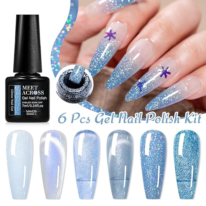 MEET ACROSS Gel Nail Polish Set 6 Pcs Glitter Colors Gel Nail Kit Art Design Soak Off UV LED (SET-9, 6pcs)