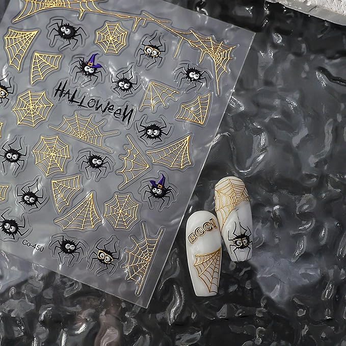 Halloween Nail Art Stickers 5D Embossed Nail Decals Gold Spider Web Nail Stickers Halloween Spider Nail DIY Supplies Decorations for Women (1 Sheet)