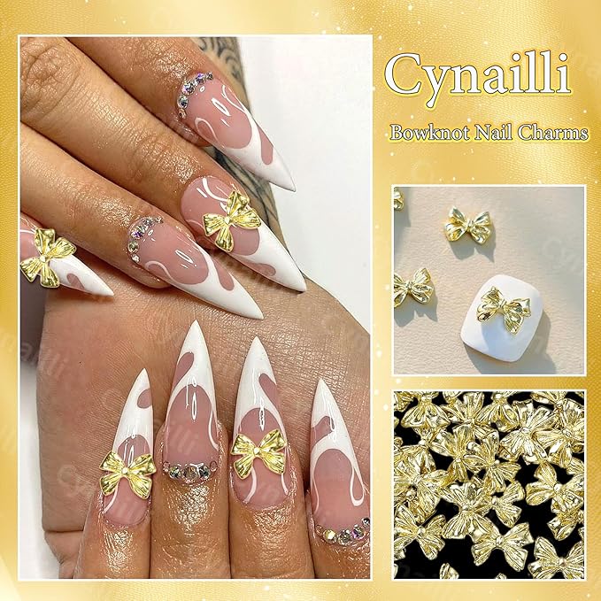 80 Pcs Metal Gold Nail Charm Bows, 3D Shiny Bow Nail Gems Charms, Cute Alloy Bowknot Y2K Nail Jewelry Charms for Nail Art Decor DIY Accessories Crafts