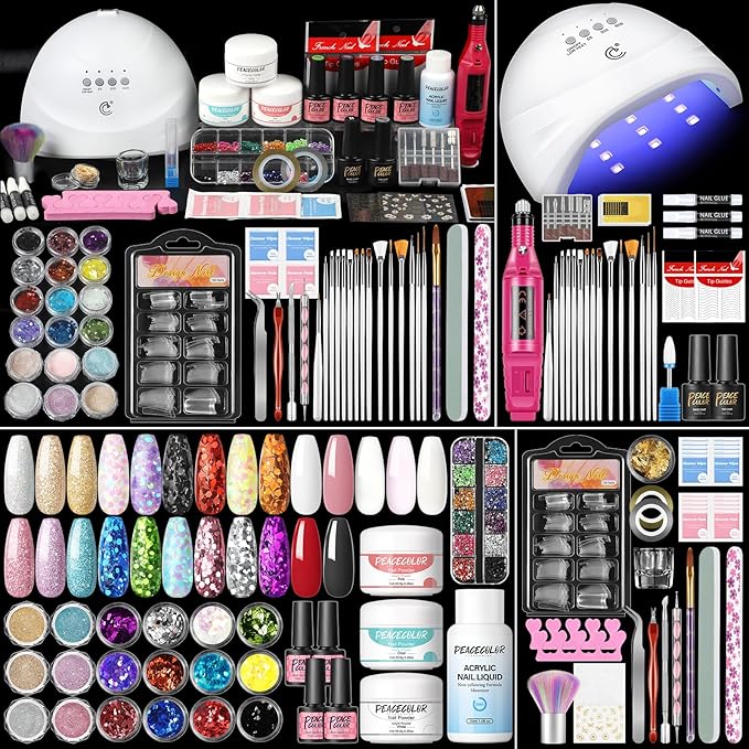 Peacecolor Acrylic Nail Kit for Beginners with Everything,Professional Nail Kit Acrylic Set with Drill U V Light 21Pc Glitter Powder Gel Polish Decorations Gel Nail Gift Set for Home Salon