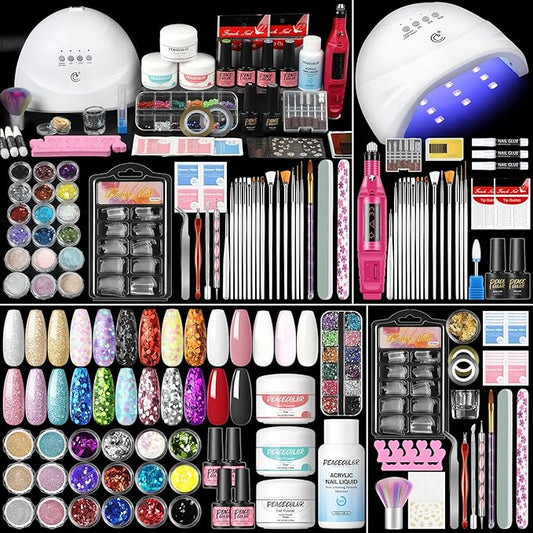 Peacecolor Acrylic Nail Kit for Beginners with Everything,Professional Nail Kit Acrylic Set with Drill U V Light 21Pc Glitter Powder Gel Polish Decorations Gel Nail Gift Set for Home Salon