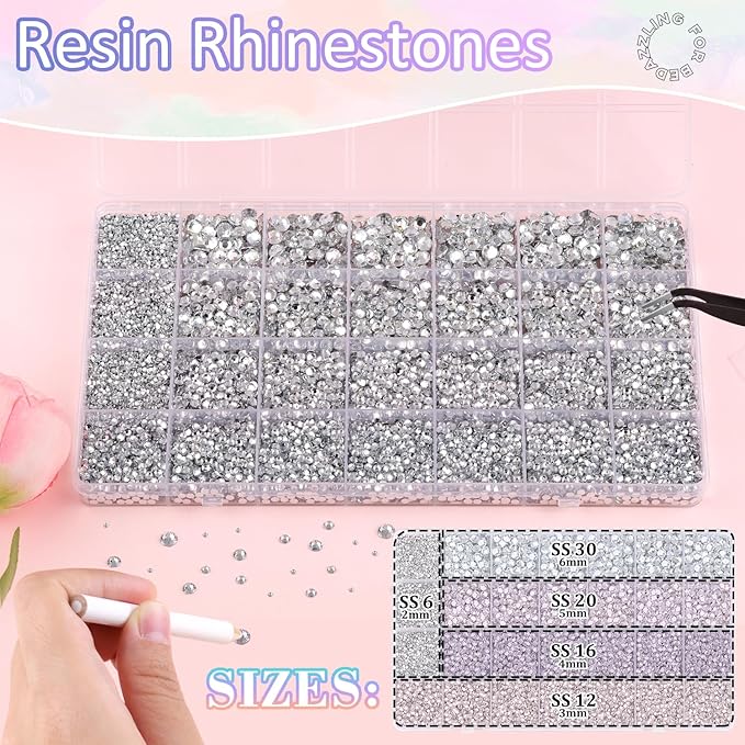 32000Pcs Resin Rhinestones for Bedazzling with 3Pcs B7000 Jewelry Glue, Clear Flatback Gems Rhinestones for Crafting, Clothing Tumblers Mugs Shoes Fabric Decor Nail Art