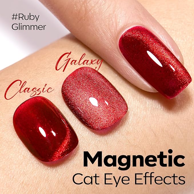 modelones Red Cat Eye Gel Nail Polish,15 ML Magnetic Glitter Holographic Red Ruby Glass Polish Reflective Jelly Translucent UV Gel Top Coat Manicure Art DIY Salon Gift for Girl Women