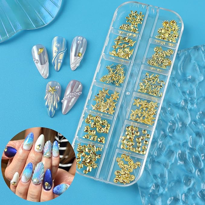 Metal Beach Nail Art Charms 3D Gold Marine Life Nail Charms with Seahorse Shell Starfish Designs Nail Rhinestones for Acrylic Nails Golden Palm Tree Flowers Nail Jewelry for Women Summer Nails Supply