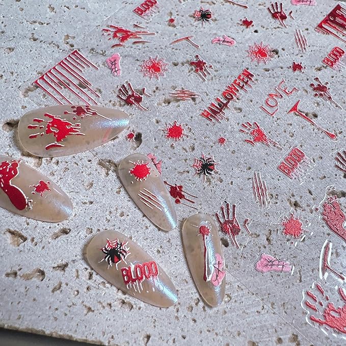 1 Sheets Halloween Nail Stickers for Nail Art Embossed Bloody Handprint Nail Art Stickers Blood Drop Spider Gothic Nail Decals 5D Self-Adhesive Bloody Footprints Nail Design Decals for Women