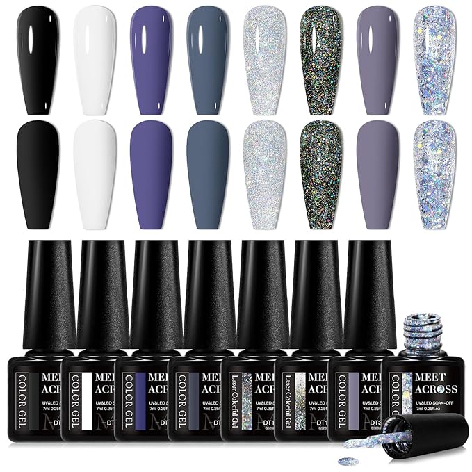 MEET ACROSS Grey Gel Nail Polish Set 8 Colors, Black White Gray Tone Glitter Sliver Gel Nail Polish Kit for All Seasons Soak Off Gel Nail Manicure Gifts Set for Women