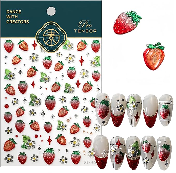 1 Sheet Strawberry Nail Art Sticker 5D Embossed Self-Adhesive Gold Print Strawberry Fruit Nail Art Sticker Women Girls DIY Nail Decoration