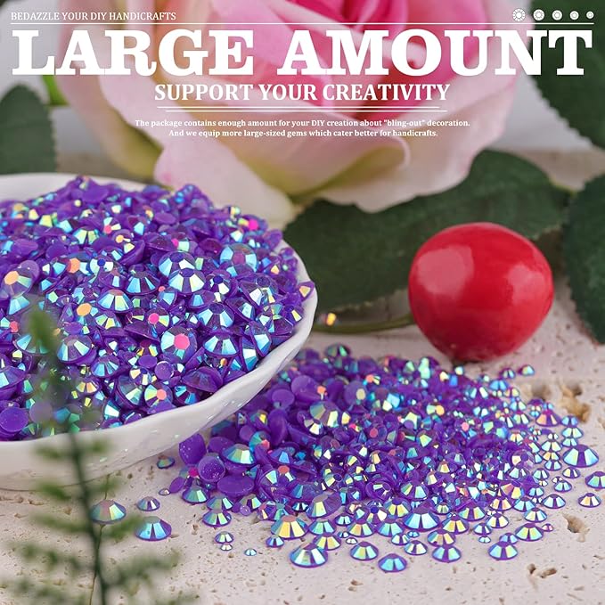 7000PCS Resin Rhinestones with Tweezers for Crafting, 2/3/4/5/6mm Flatback Jelly Rhinestones, 4 Box Dark Purple AB Non Hotfix Crystal Gems for DIY Crafts Mugs Tumblers Clothes Makeup Nail