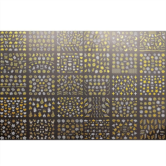 Gold Nail Art Stickers - 30 Sheets, 3D Self-Adhesive Leaf, Flower, Star, Moon, Heart, Snowflake Designs for Women & Girls