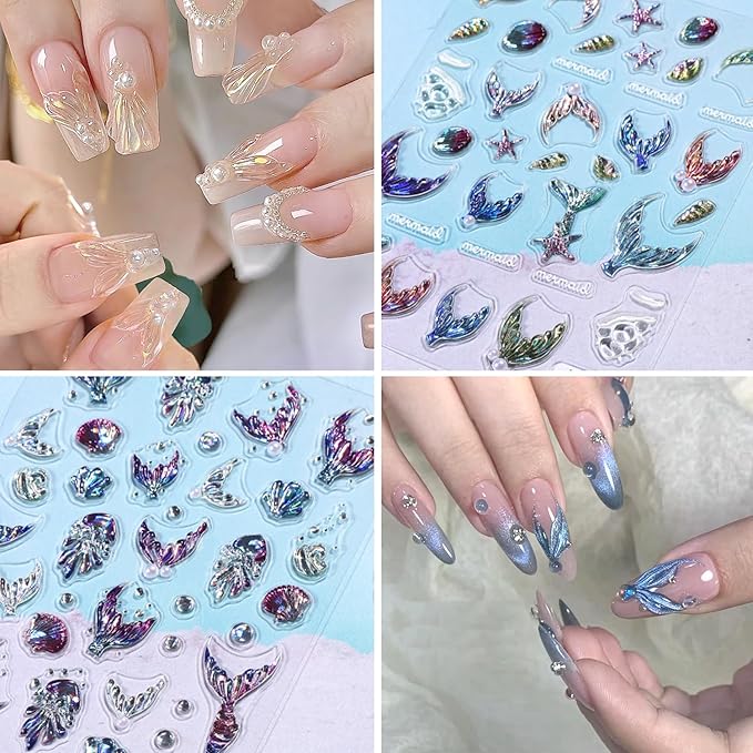 Colorful Mermaid Tail Nail Art Stickers 5D Embossed Ocean Fish Tail Nail Decals with Pearl Design Nail Sticker Self-Adhesive Seashell Starfish Nail Decal Summer Sea Nails Supply for Women Nails Decor