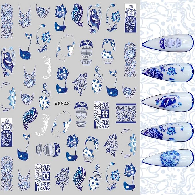 8 Sheets Blue and White Porcelain Nail Art Stickers Decals Self-Adhesive Pegatinas para Uñas Retro Elements Tiger Lion Dragon Flowers Design Manicure Tips Nail Decoration for Women Girls