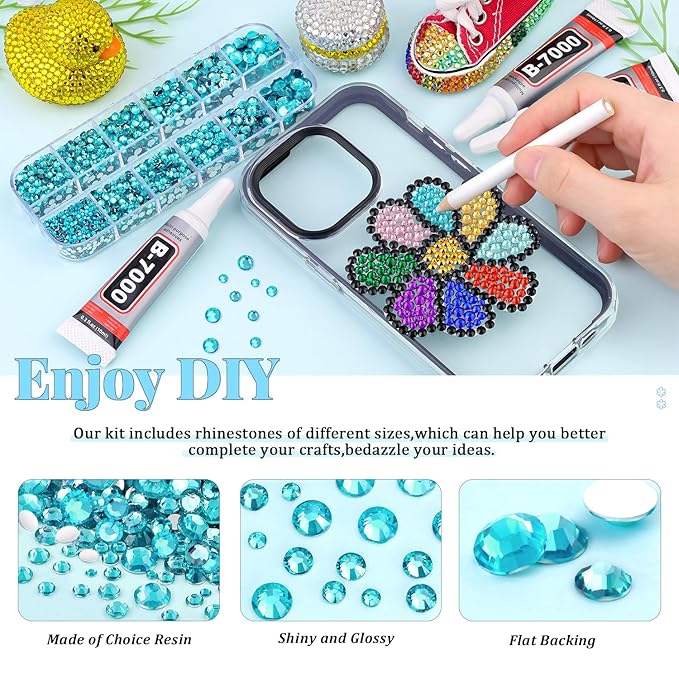 6000Pcs Resin Rhinestones for Bedazzling with 3Pcs B7000 Jewelry Glue, 1 Box Teal Blue Flatback Rhinestones for Crafting Crafts DIY, Crystals Gems for Clothing Shoes Tumblers Nail Art Makeup