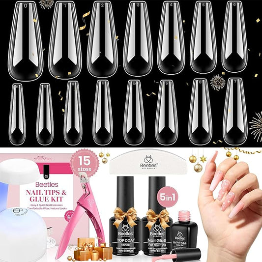 Beetles Gel Nail Kit 600Pcs Long Coffin Nail Tips with Pink Gel Polish Top Coat,15 Sizes Soft Clear Press on Nails 5 In 1 Nail Glue Uv Lamp Easy Nail Extension Set for Women