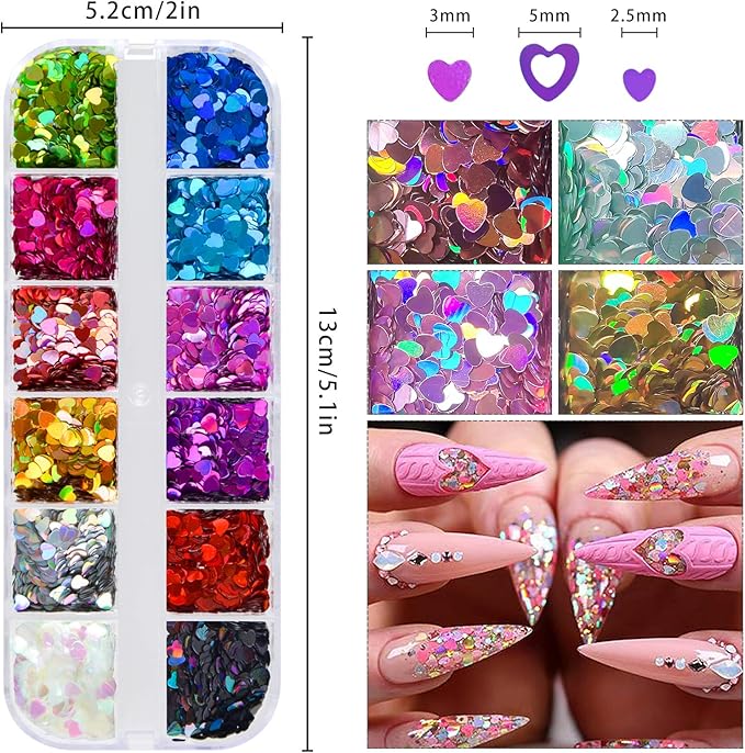 36 Colors Heart Glitter Nail Art Sequins, EBANKU Holographic Heart Shaped Nail Sequin Laser Heart Nail Art Flake Glitter Decals for Face Eyes Nail Art Decoration DIY Craft (3 Boxes)