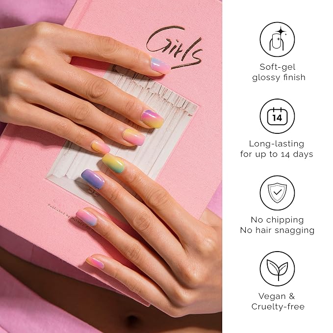 NAILOG Semi Cured Gel Nail Strips for Spring (20 Extra Long Polish Stickers/Wraps) │ Glossy & Long Lasting Soft Gel Finishing (Rainbow)