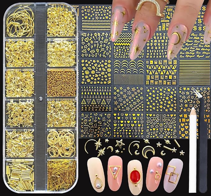 Gold Nail Charms Nail Art Kit with 30 Sheets Gold Nail Stickers 3D Star Moon Nail Charms Self-Adhesive Nail Decals Gold Nail Art Tools Kit Nail Supplies for Women Nails Manicure Nail Art Decoration