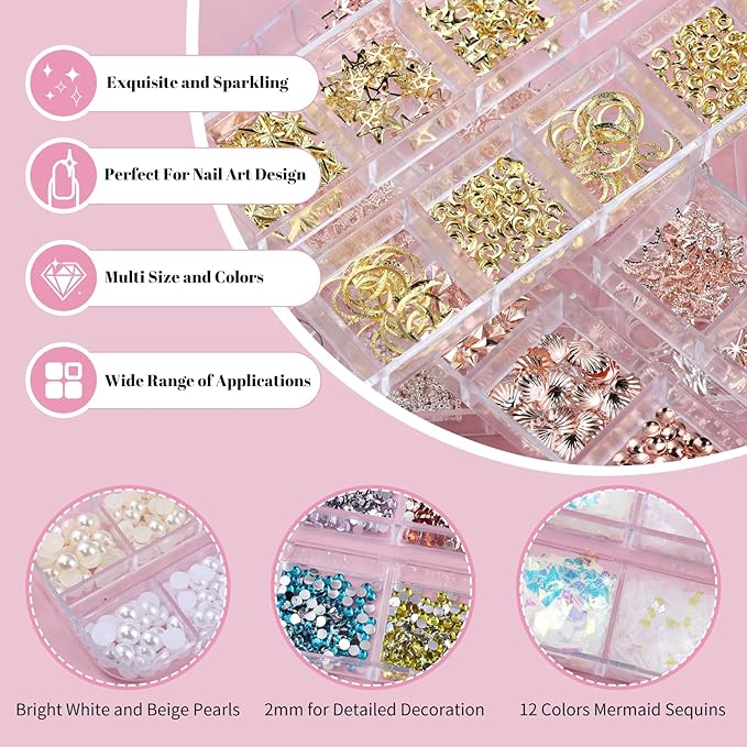 10 Boxes Nail Art Kit - 12 Colors Pointed/Flatback Rhinestones, 3D Gold/Silver/Rose Nail Studs, White Beige Half Pearls, Holographic Glitter & Foils + 3 Tools for DIY Nail Art Jewels & Crafts