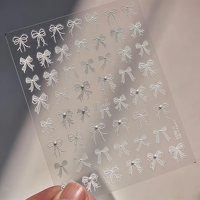 White Lace Bow Nail Art Stickers - 5D Embossed, Self-Adhesive Pearl Design, Cute Decals for Women's Manicure