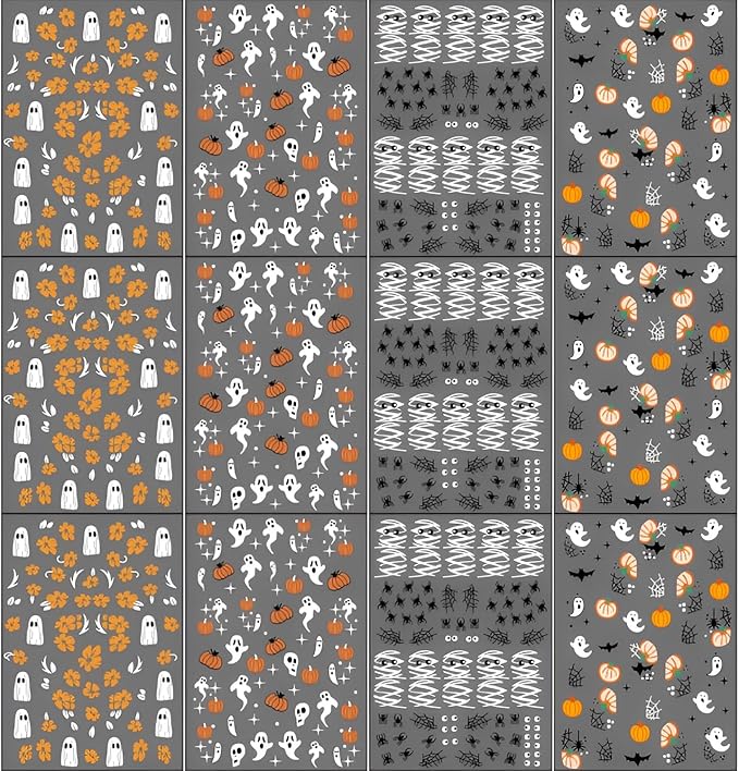 12 Sheets Halloween Nail Stickers for Nail Art 3D Self Adhesive Mummy & Cute Ghost Nail Decals Halloween Nail Stickers with Spider Pumpkin Spider Web Nails Design Flower Nails Supplies for Women Girls