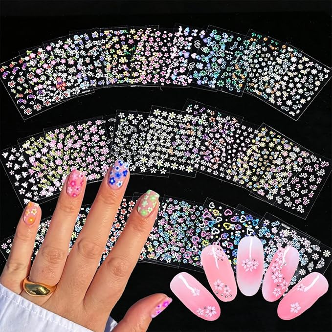 30 Sheets Flower Nail Art Stickers Decals Colorful Flower Nail Stickers 3D Self Adhesive Cute Daisy Floral Nail Decals Heart Nail Supplies Nail Art Design Decoration Accessories for Women and Girls