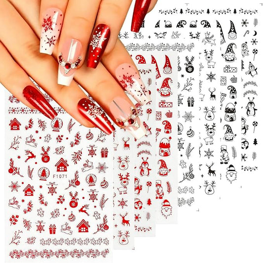 8 Sheets Christmas Nail Stickers 3D Self-Adhesive Winter Santa Claus Decals Glossy Black Red Reindeer Snowflake Bell Elk Xmas Trees Art Supplies for DIY Nails