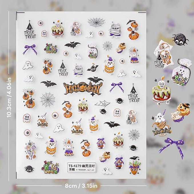 Halloween Nail Stickers for Nail Art - Cute Ghost Nail Art Sticker Halloween Bat Witch Hat 5D Embossed Nail Decals Self-Adhesive Nails Supply Manicure Stickers for Nails Decoration（Ghost Party）