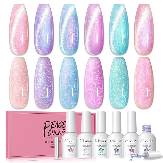 Peacecolor Cateye Gel Polish Shimmer Pearl Nail Polish with Magnet Pink Purple Blue Glitter 6 Colors Cat Eye Magnetic Nail Polish Iridescent Chrome Mermaid Drawing Swirl Shell Thread Effect DIY Gifts