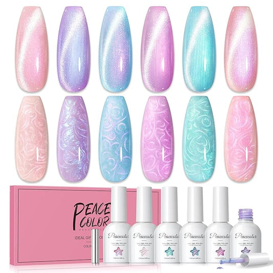 Peacecolor Cateye Gel Polish Shimmer Pearl Nail Polish with Magnet Pink Purple Blue Glitter 6 Colors Cat Eye Magnetic Nail Polish Iridescent Chrome Mermaid Drawing Swirl Shell Thread Effect DIY Gifts