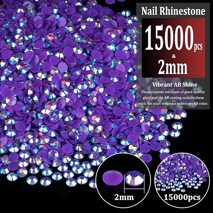 15000pcs 2mm Resin Rhinestones Bulk, Dark Purple AB Flatback Round Jelly Rhinestones Bedazzling Non Hotfix Crystal Gems Large Quantity Wholesale for DIY Crafts Clothes Tumblers Face Makeup Manicure