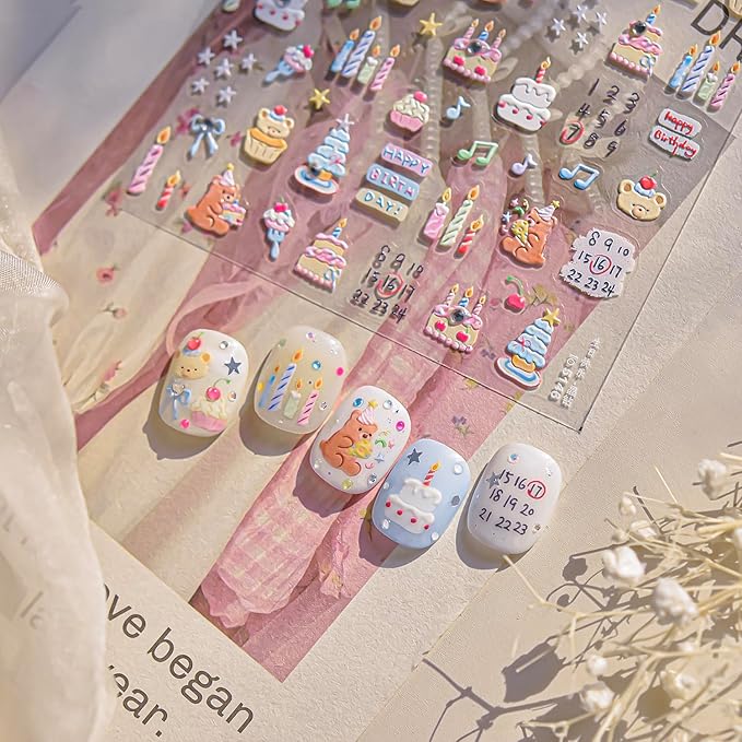 Christmas Tree Nail Stickers 3D Birthday Cake Candle Nail Art Stickers Letter Number Bear Nail Decals Self Adhesive Design Sticker Holiday Nail Art Decoration for Girls Women Manicure Accessories