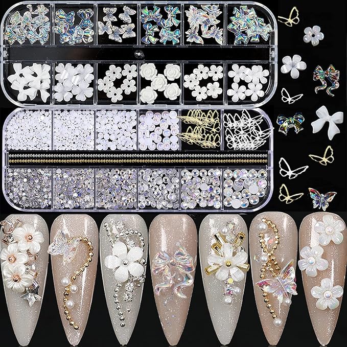 3D Acrylic Butterfly Flowers Bear Nail Charms Art 3D, AB Crystal Rhinestones Multi Shapes Pearl Gold Metal Art, Decal Jewelry Accessories DIY Crafting, 2 Piece Set