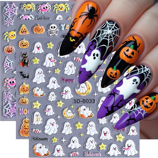 3 Sheets Halloween Nail Stickers for Nail Art 5D Embossed Skull Spider Web Bat Cute Ghost Pumpkin Nail Art Stickers Self Adhesive Star Moon Nail Design Holiday Nail Decals for Acrylic Nails Decor