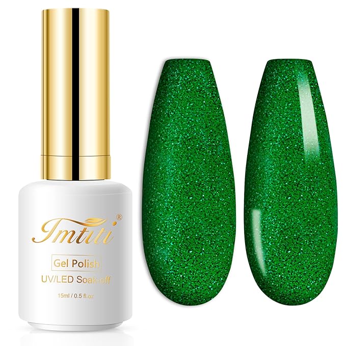 Imtiti Green Glitter Gel Nail Polish, 0.5 fl oz Sparkly Shimmer Christmas Forest Green Color Soak Off Polish for Nail Art Manicure Salon DIY Lamp Design