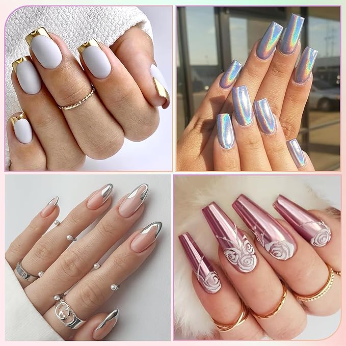 Gold Silver Chrome Nail Powder, Metallic Mirror Effect Pink Light Purple Champagne Chrome Powder for Nails, Unicorn Iridescent Holographic Nail Pigment Glitter Dust for Nail Art Decoration