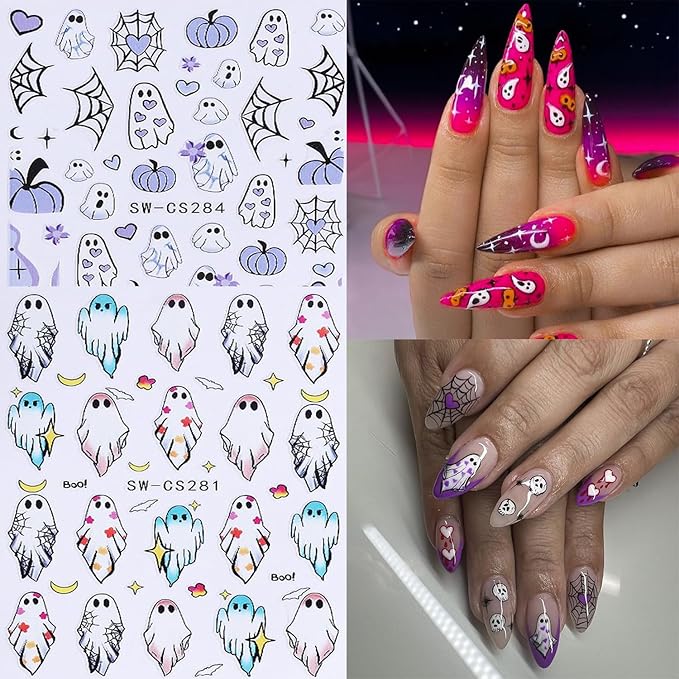 6 Sheets Halloween Nail Art Stickers 3D Self -Adhesive Cute Ghost Pumpkin Nail Decals Holographic Heart Spider Web Skeleton Flame Nail Stickers Halloween Nail Decoration for Women Manicure Supplies
