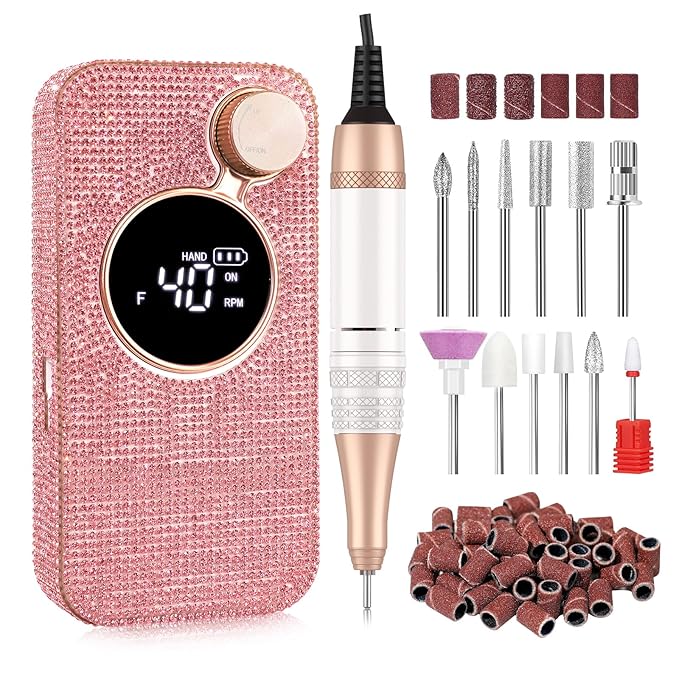 Electric Nail Drill,40000RPM Cordless Nail File Diamond with 12 Drill Bits for Acrylic Nails Gel Polishing,E File Nail Kit Machine for Manicure Salon Home (Pink Diamond)