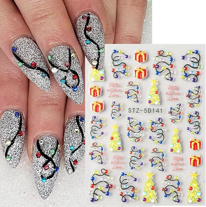 2 Sheets Embossed Christmas Nail Stickers for Nail Art New Year Colorful Light Strips Nail Art Stickers Winter Christmas Tree Nail Decals 5D Self-Adhesive Xmas Gift Box Nail Decoration for Women