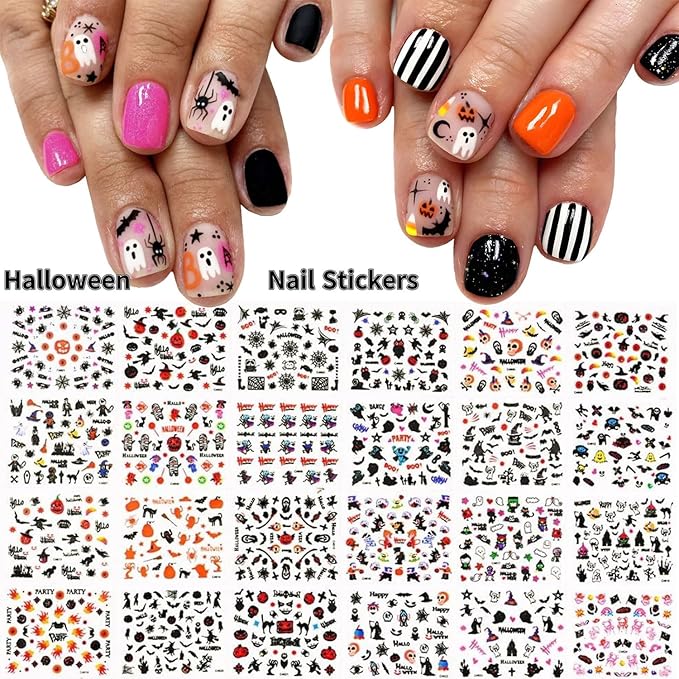 30 Sheets Halloween Nail Stickers Pumpkin Ghost Nail Decals 3D Self-Adhesive Bat Spider Design Nails Art Stickers for Women Holiday Manicure DIY