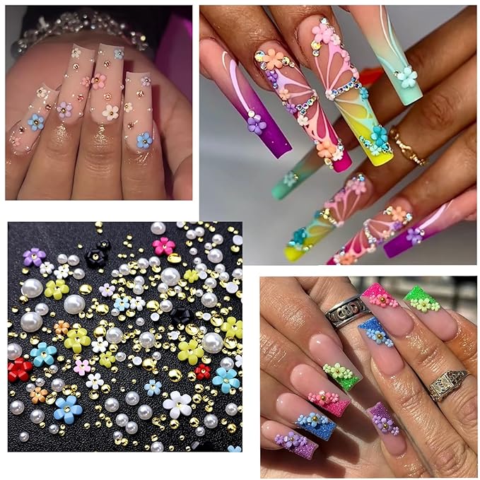 4 Boxes Nail Gems Colorful Flower Nail Charms for Acrylics - Crystals, Half Rounds Flatback Pearls and Rhinestone & Accessories for DIY Nails Art Decor for Women Nails Design