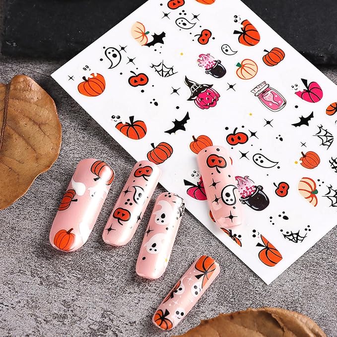 12Pcs Halloween Nail Stickers - 3D Self-Adhesive Halloween Nail Decals - Pink Ghosts Skull Pumpkin Nail Design Decorations for Halloweens DIY Manicure Supplies