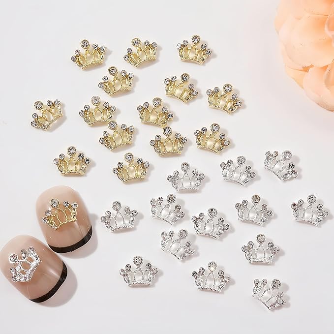 24pcs Metal Crown Nail Charms Shiny Gold Silver Nail Rhinestones Hollow Out Crown Nail Gem Exquisite Luxury Crown Nail Design Crystal Crown Nail Jewels Nail Decorations for Nail Art DIY Nail Supplies