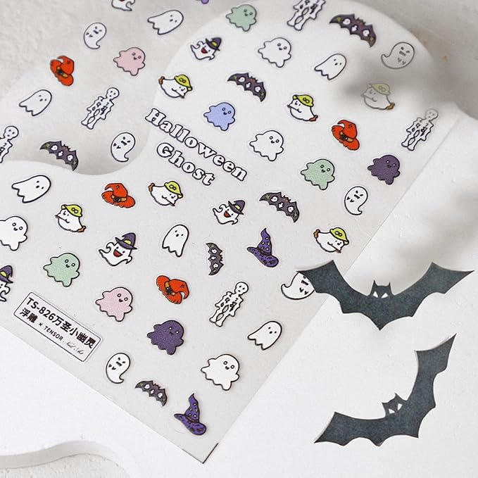 Halloween Nail Stickers for Nail Art - Cute Ghost Nail Art Sticker Halloween Bat Witch Hat 5D Embossed Nail Decals Self-Adhesive Nails Supply Manicure Stickers for Nails Decoration