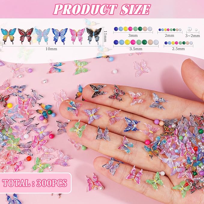 100Pcs Butterfly Nail Charms with 200Pcs Pearls, Colorful 3D Resin Nail Butterfly Charms, White & Macaron Rhinestones for Nail Art, DIY Crafts, Spring Summer Manicure Decoration for Women Girls